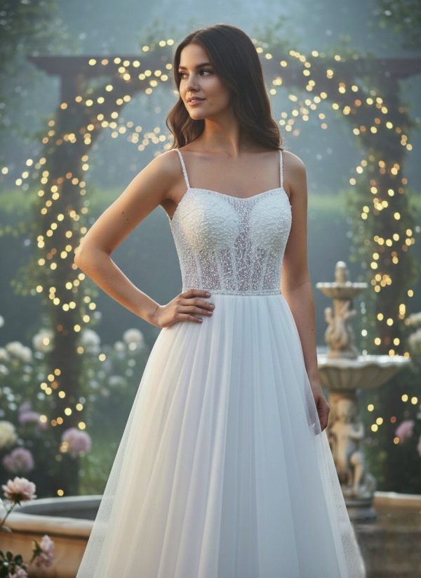 Romantikus és elegáns A-vonalú menyasszonyi ruha Romantikus és elegáns A-vonalú menyasszonyi ruha