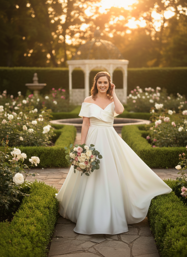 Ejtett vállú tört fehér menyasszonyi ruha. Ejtett vállú tört fehér menyasszonyi ruha.