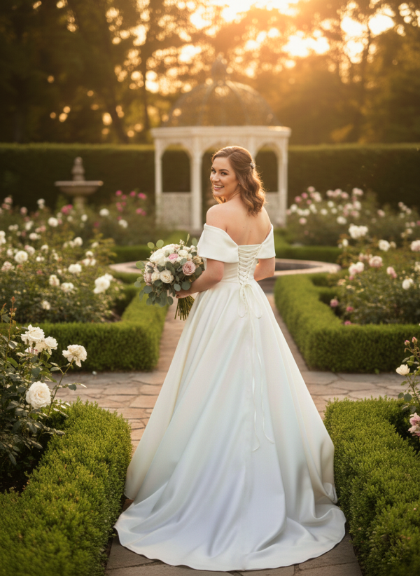 Ejtett vállú tört fehér menyasszonyi ruha. Ejtett vállú tört fehér menyasszonyi ruha.