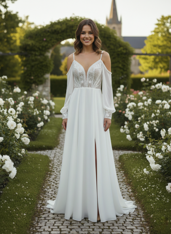 Lágy esésű bohó ujjas esküvői ruha Lágy esésű bohó ujjas esküvői ruha