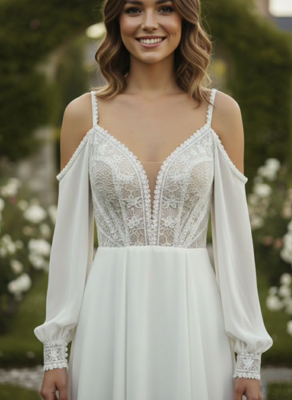 Lágy esésű bohó ujjas esküvői ruha Lágy esésű bohó ujjas esküvői ruha