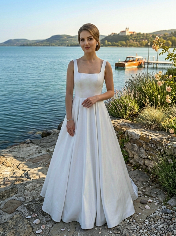 Vállpántos szatén menyasszonyi ruha Vállpántos szatén menyasszonyi ruha