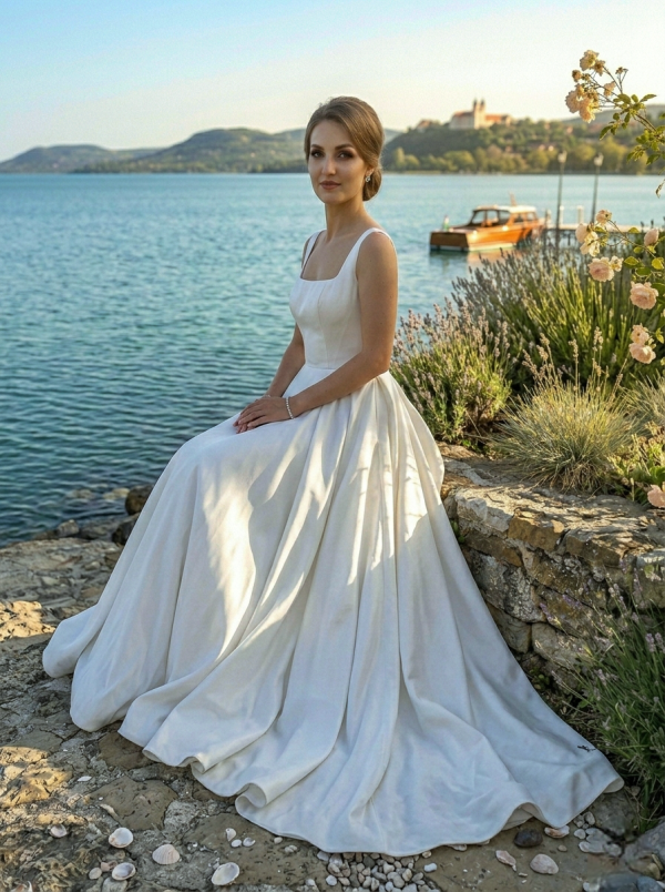 Vállpántos szatén menyasszonyi ruha Vállpántos szatén menyasszonyi ruha