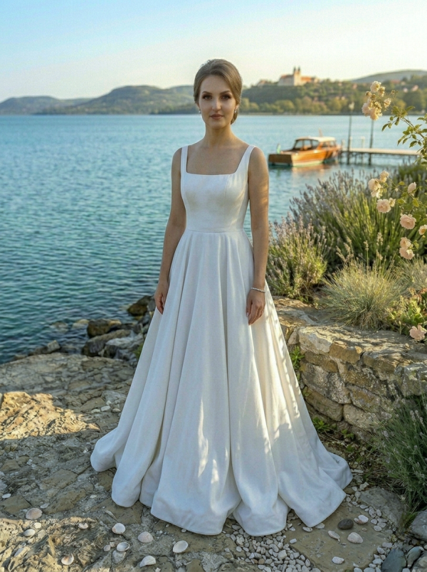 Vállpántos szatén menyasszonyi ruha Vállpántos szatén menyasszonyi ruha