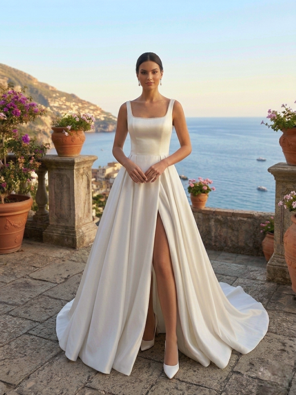 Szögletes Dekoltázsú Szatén Esküvői Ruha Szögletes Dekoltázsú Szatén Esküvői Ruha