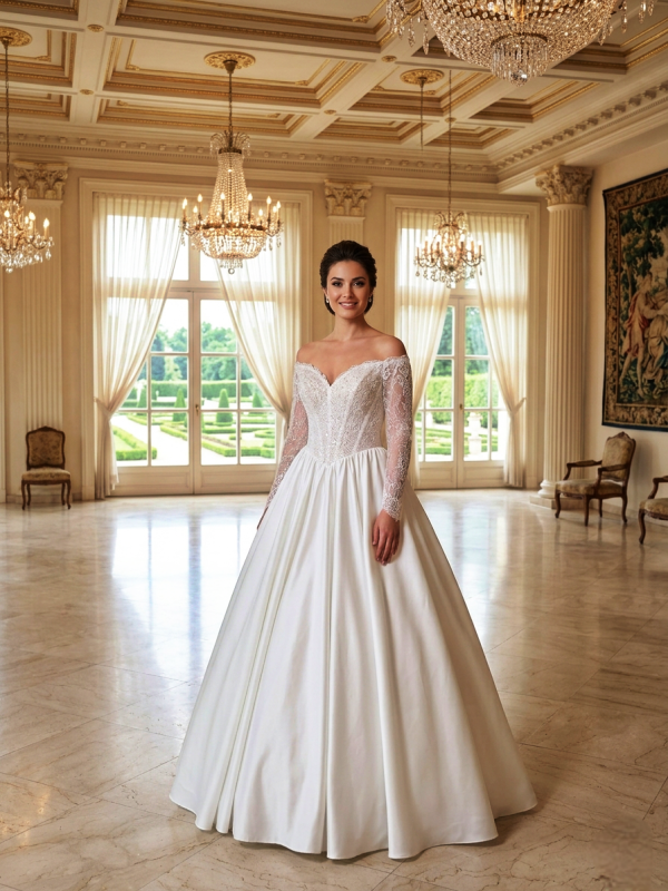 Csipkés Hosszú Ujjú Szatén Menyasszonyi Ruha Csipkés Hosszú Ujjú Szatén Menyasszonyi Ruha