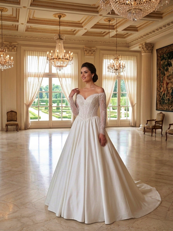 Csipkés Hosszú Ujjú Szatén Menyasszonyi Ruha Csipkés Hosszú Ujjú Szatén Menyasszonyi Ruha