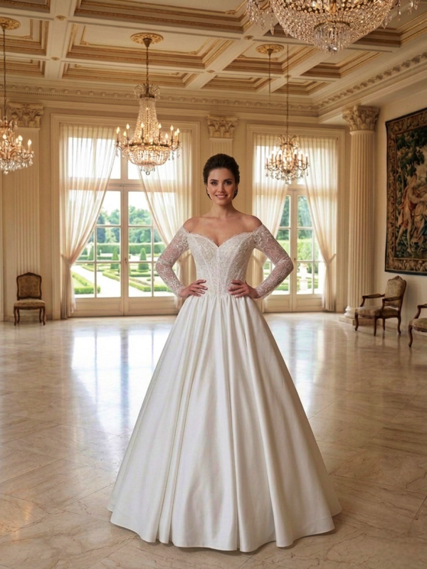 Csipkés Hosszú Ujjú Szatén Menyasszonyi Ruha Csipkés Hosszú Ujjú Szatén Menyasszonyi Ruha