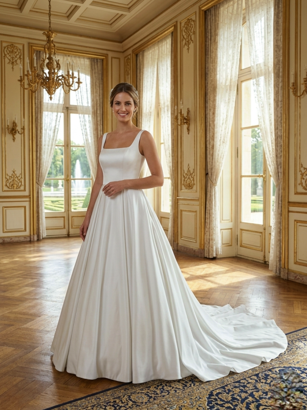 Vállpántos hasított szatén esküvői ruha Vállpántos hasított szatén esküvői ruha