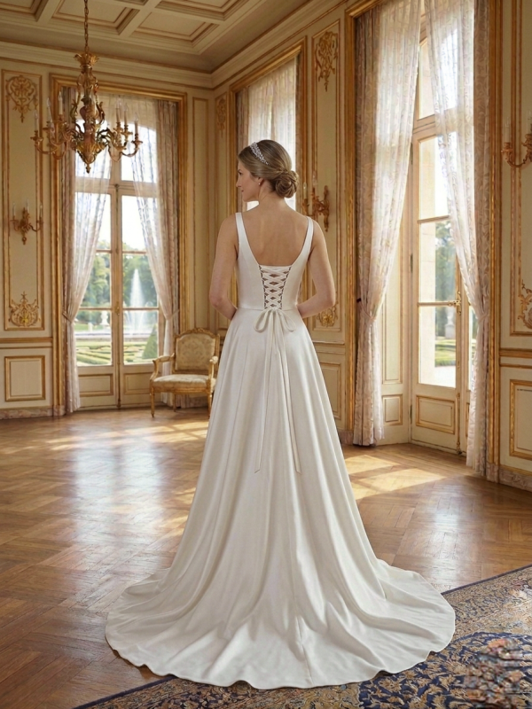 Vállpántos hasított szatén esküvői ruha Vállpántos hasított szatén esküvői ruha