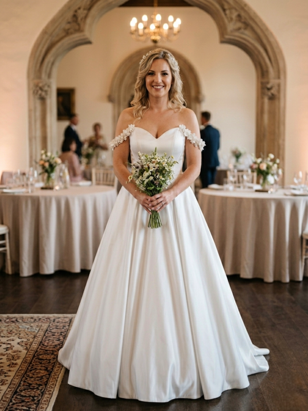 Hasított ejtett vállas szatén menyasszonyi ruha. Hasított ejtett vállas szatén menyasszonyi ruha.