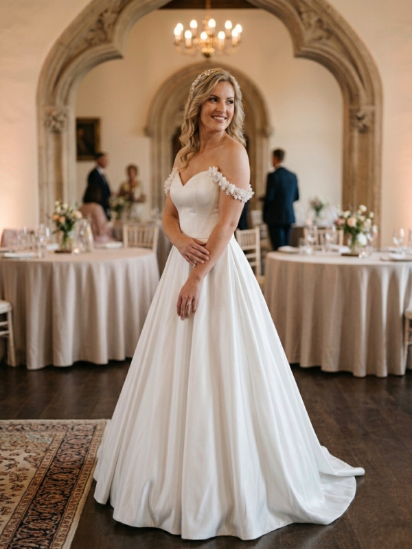 Hasított ejtett vállas szatén menyasszonyi ruha. Hasított ejtett vállas szatén menyasszonyi ruha.