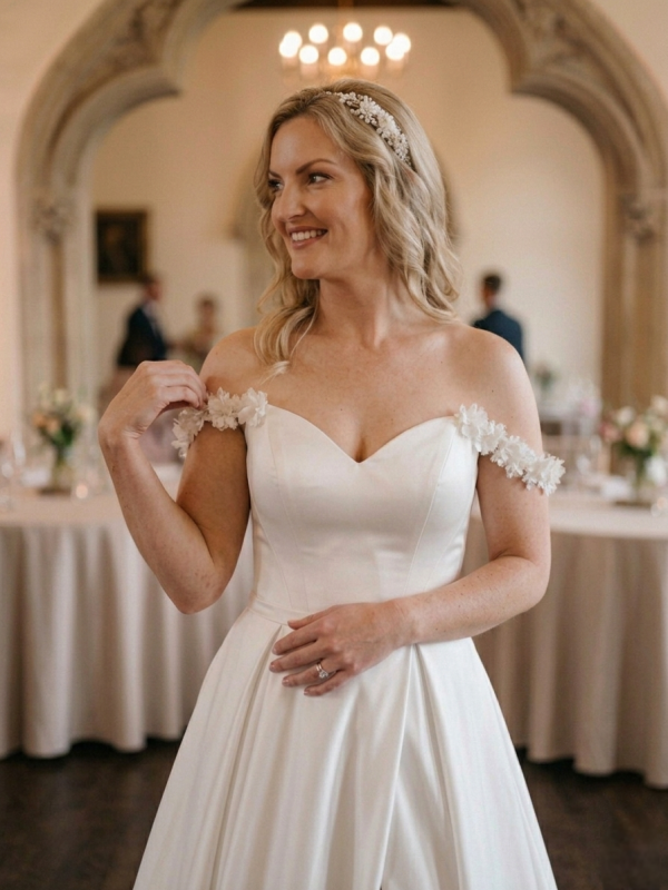 Hasított ejtett vállas szatén menyasszonyi ruha. Hasított ejtett vállas szatén menyasszonyi ruha.