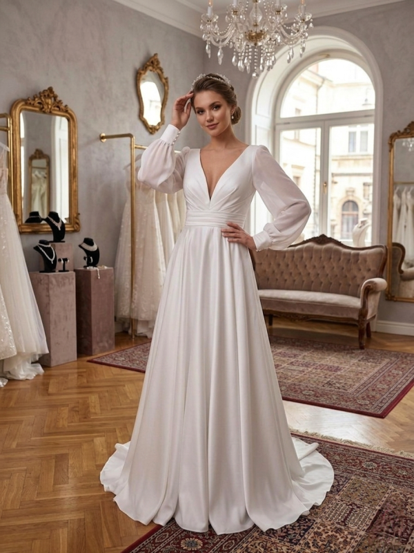 Hosszú ujjas szatén menyasszonyi ruha Hosszú ujjas szatén menyasszonyi ruha