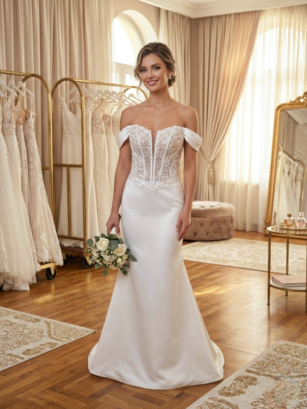 Csipke felsőrésszel díszített sellő fazonú menyasszonyi ruha ejtett vállú pántokkal. Csipke felsőrésszel díszített sellő fazonú menyasszonyi ruha ejtett vállú pántokkal.