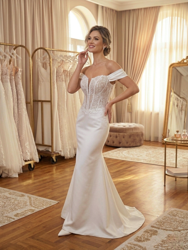 Csipke felsőrésszel díszített sellő fazonú menyasszonyi ruha ejtett vállú pántokkal. Csipke felsőrésszel díszített sellő fazonú menyasszonyi ruha ejtett vállú pántokkal.