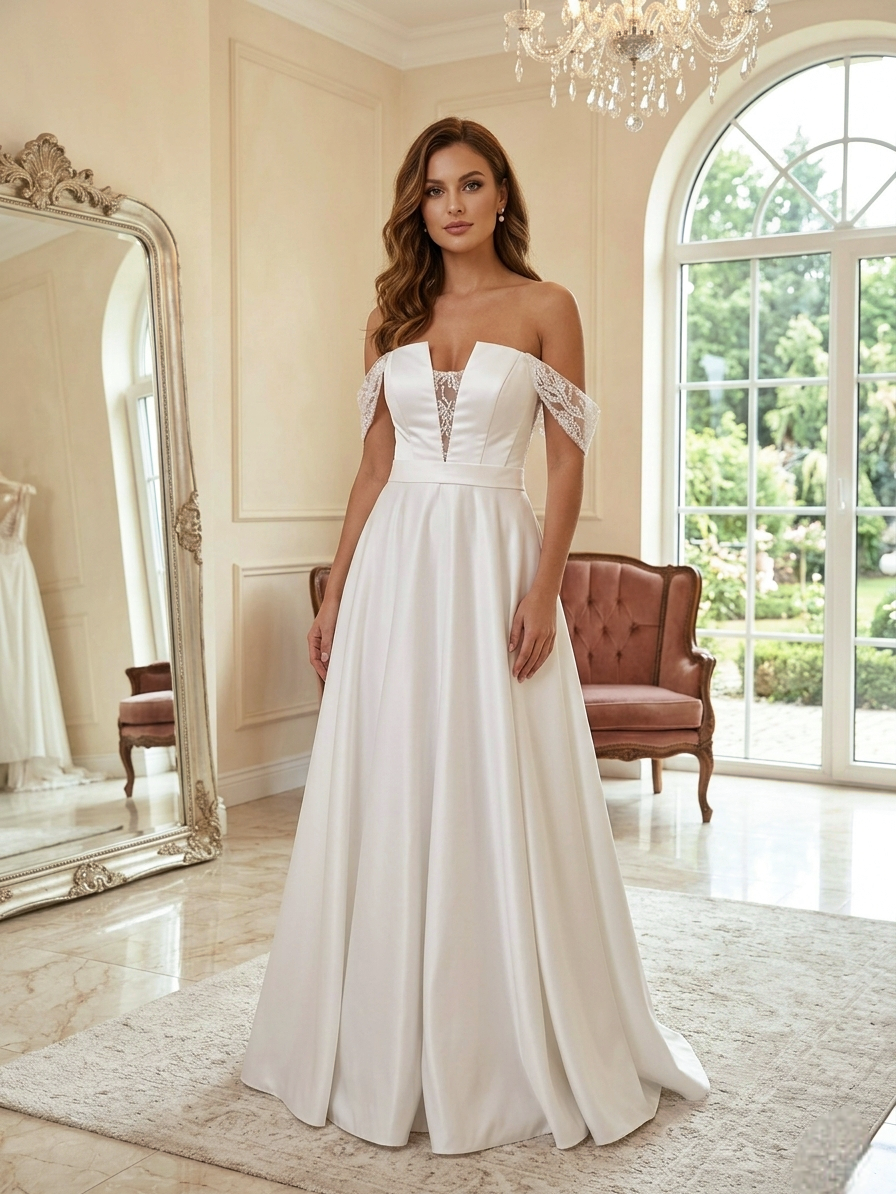 Ejtett Vállú Szatén Menyasszonyi Ruha