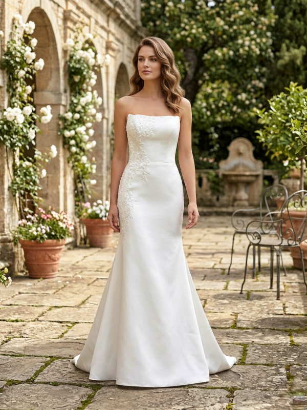 ariálható szatén menyasszonyi ruha levehető uszállyal és aszimmetrikus csipke hímzéssel. ariálható szatén menyasszonyi ruha levehető uszállyal és aszimmetrikus csipke hímzéssel.