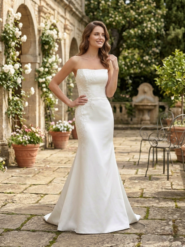 ariálható szatén menyasszonyi ruha levehető uszállyal és aszimmetrikus csipke hímzéssel. ariálható szatén menyasszonyi ruha levehető uszállyal és aszimmetrikus csipke hímzéssel.