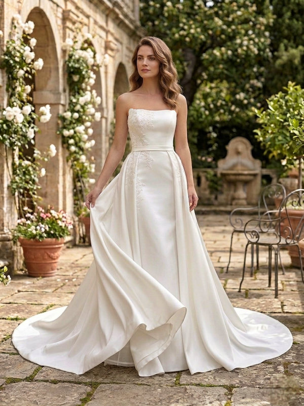 ariálható szatén menyasszonyi ruha levehető uszállyal és aszimmetrikus csipke hímzéssel. ariálható szatén menyasszonyi ruha levehető uszállyal és aszimmetrikus csipke hímzéssel.