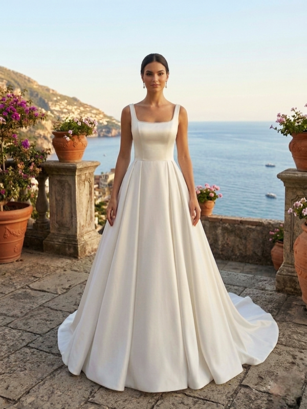 Szögletes Dekoltázsú Szatén Esküvői Ruha Szögletes Dekoltázsú Szatén Esküvői Ruha