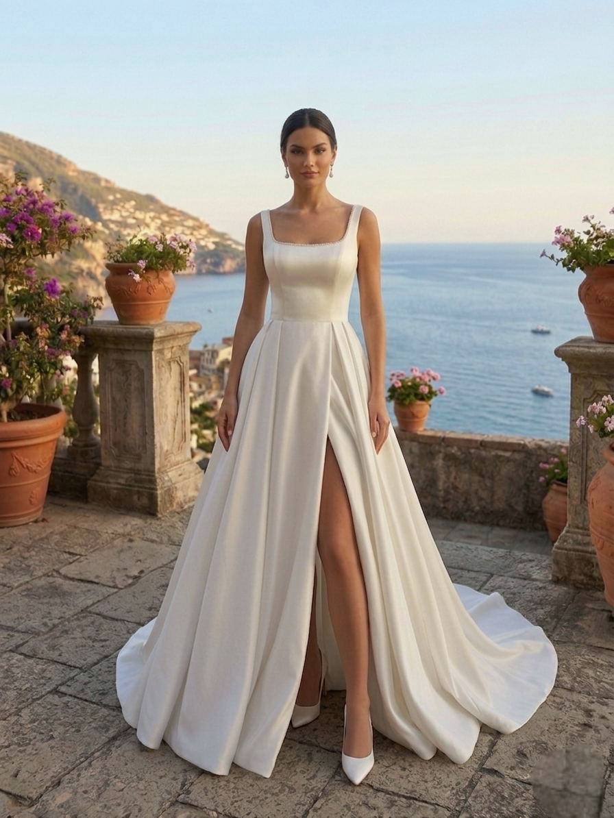 Szögletes Dekoltázsú Szatén Esküvői Ruha