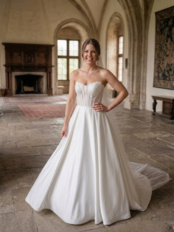 Mikádó Selyem Menyasszonyi Ruha Csipke Fűzővel Mikádó Selyem Menyasszonyi Ruha Csipke Fűzővel