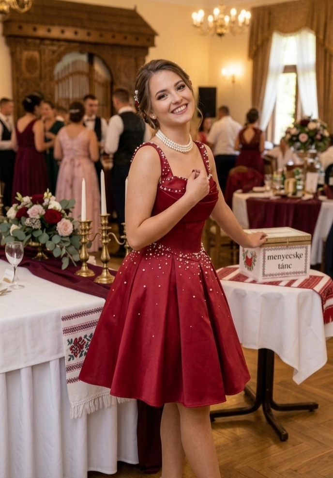 Gyöngyös bordó szatén menyecske