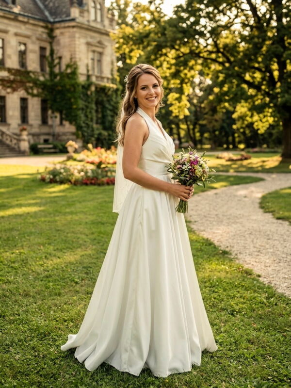 Halter-nyakú elegáns szatén A-vonalú menyasszonyi ruha Halter-nyakú elegáns szatén A-vonalú menyasszonyi ruha
