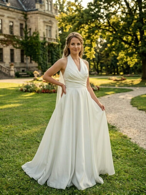 Halter-nyakú elegáns szatén A-vonalú menyasszonyi ruha Halter-nyakú elegáns szatén A-vonalú menyasszonyi ruha