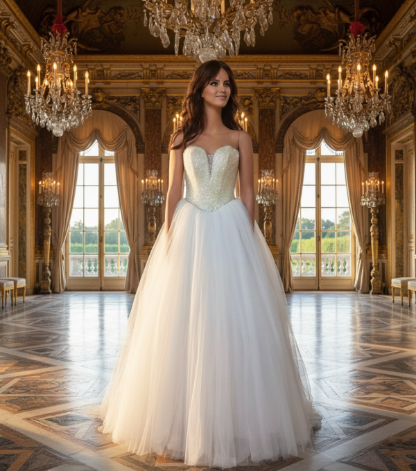 Hófehér tüllből készült arany flitteres esküvői ruha