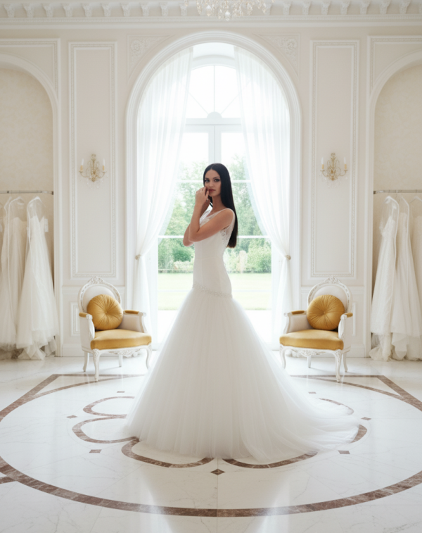 Ekrü árnyalatú karcsúsított szatén menyasszonyi ruha