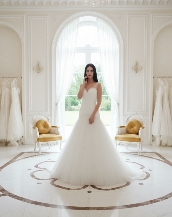 Ekrü árnyalatú karcsúsított szatén menyasszonyi ruha