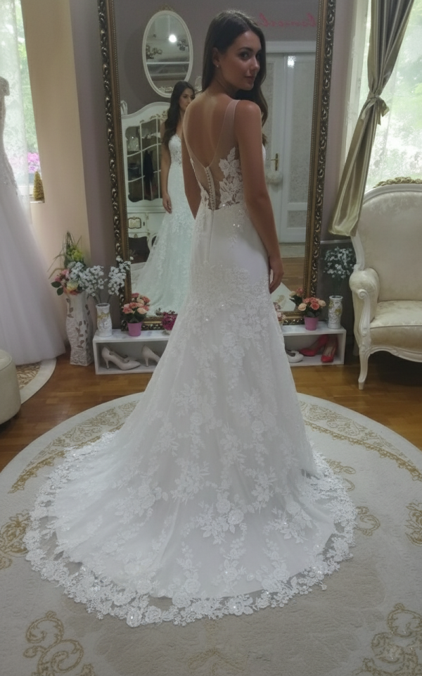 Tört fehér dús csipkével díszített karcsúsított menyasszonyi ruha