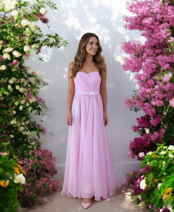 Hosszú pánt nélküli chiffon rózsaszín alkalmi ruha
