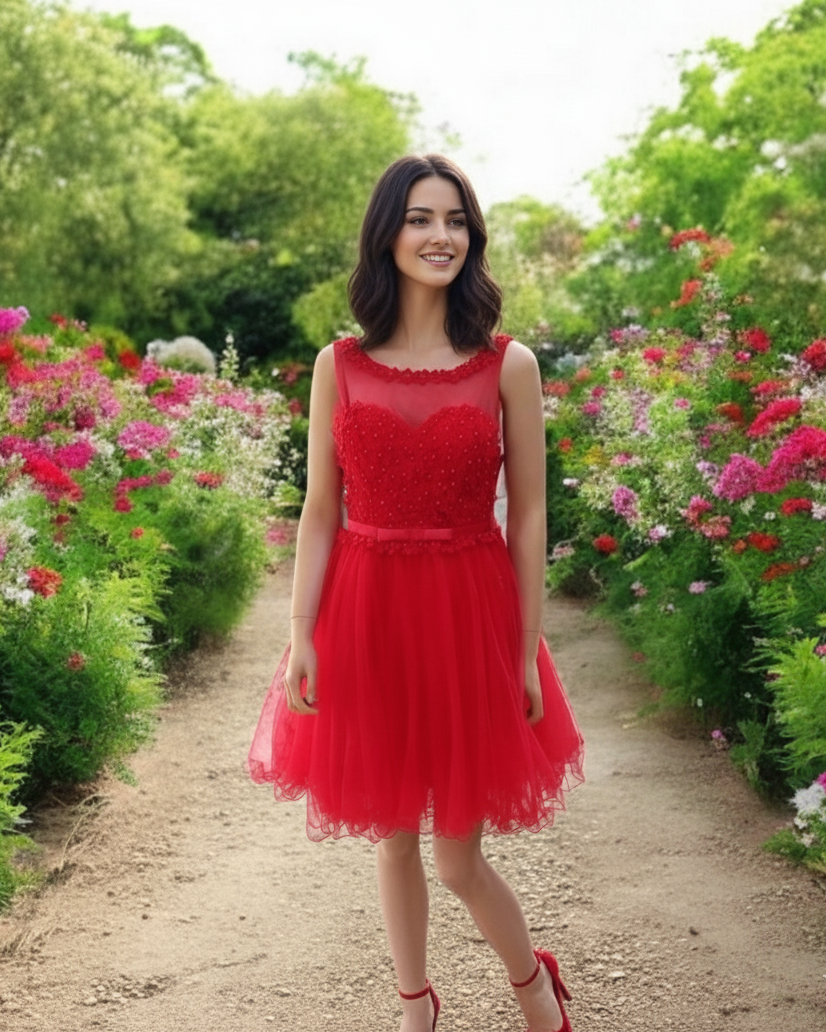 Piros tüllös virágos menyecske ruha