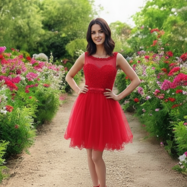 Piros tüllös virágos menyecske ruha