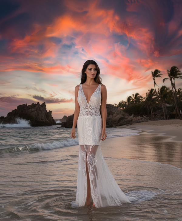 Térdig érő hasított menyasszonyi ruha