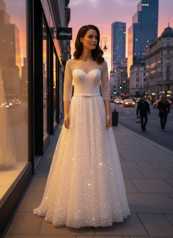 Hosszú ujjas csillámló menyasszonyi ruha