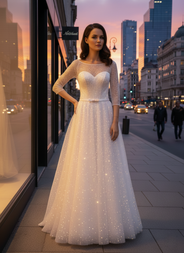 Hosszú ujjas csillámló menyasszonyi ruha