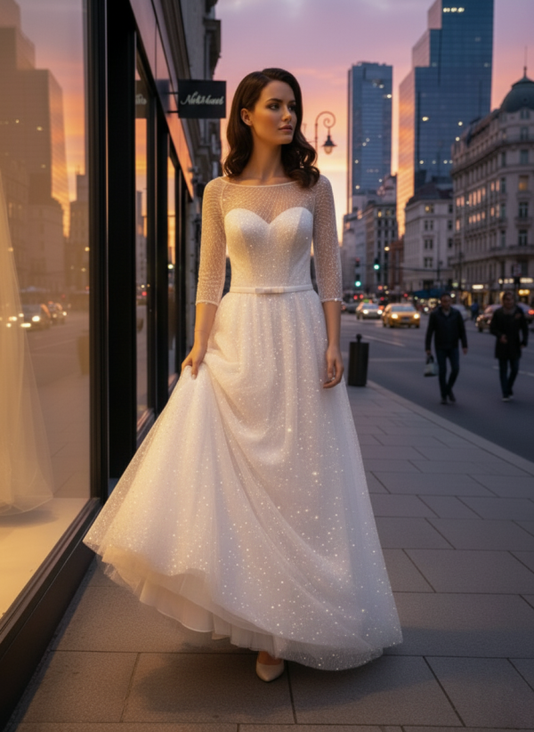 Hosszú ujjas csillámló menyasszonyi ruha