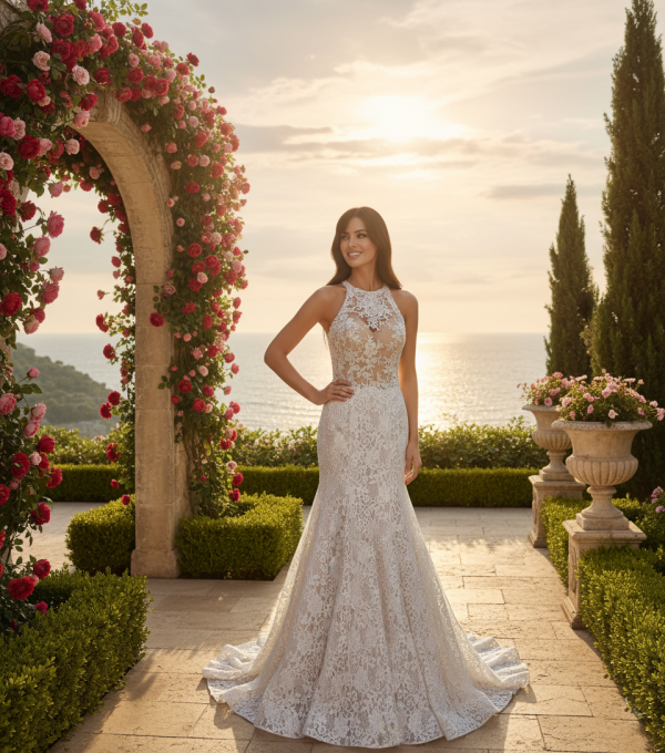 nyakpántos csipke menyasszonyi ruha