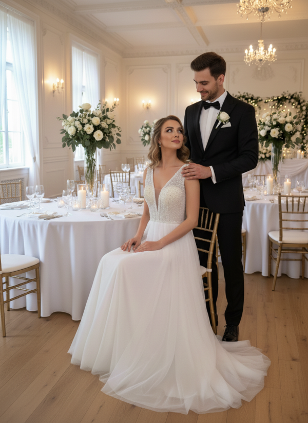 Tört fehér flitteres menyasszonyi ruha