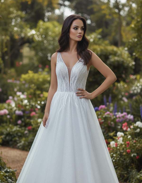 Csillámló mintás tüllből készült menyasszonyi ruha