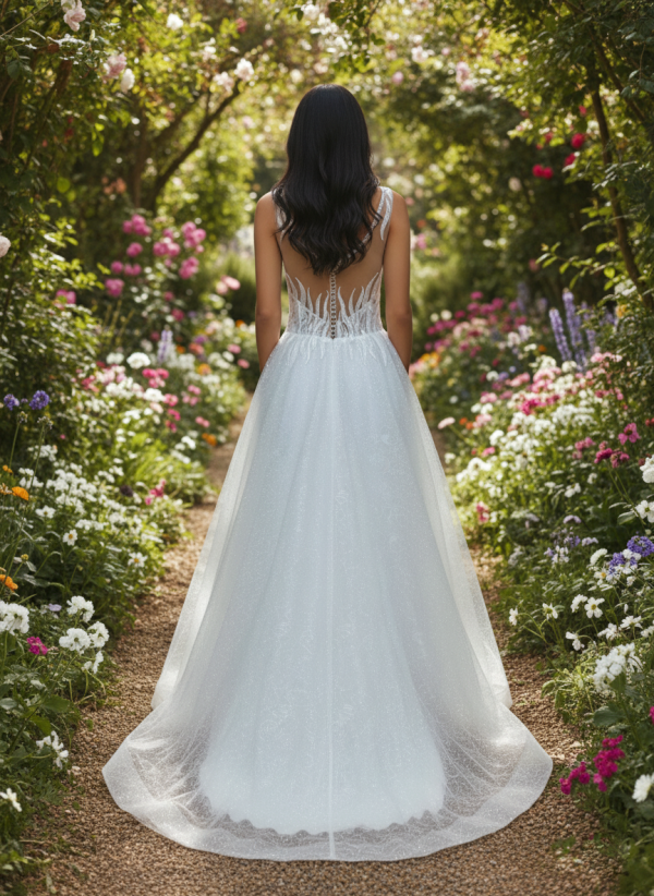 Csillámló mintás tüllből készült menyasszonyi ruha