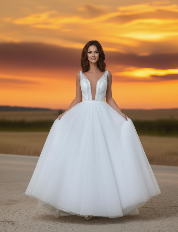 Hófehér mély dekoltázsú flitterekkel díszített