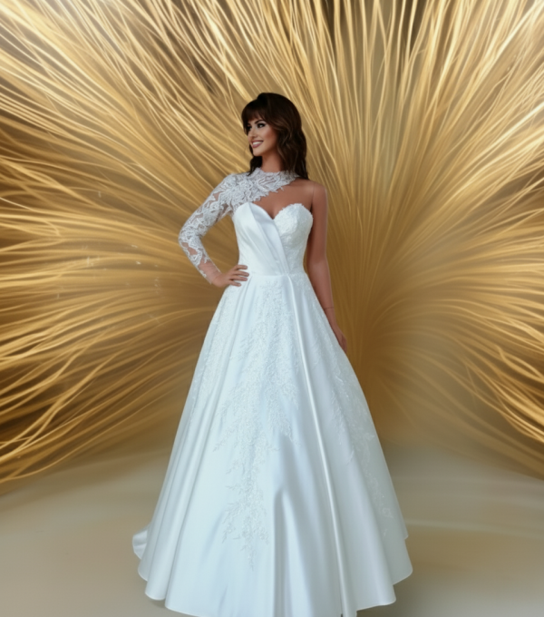 2 részes csipke nyakú félvállas szatén menyasszonyi ruha