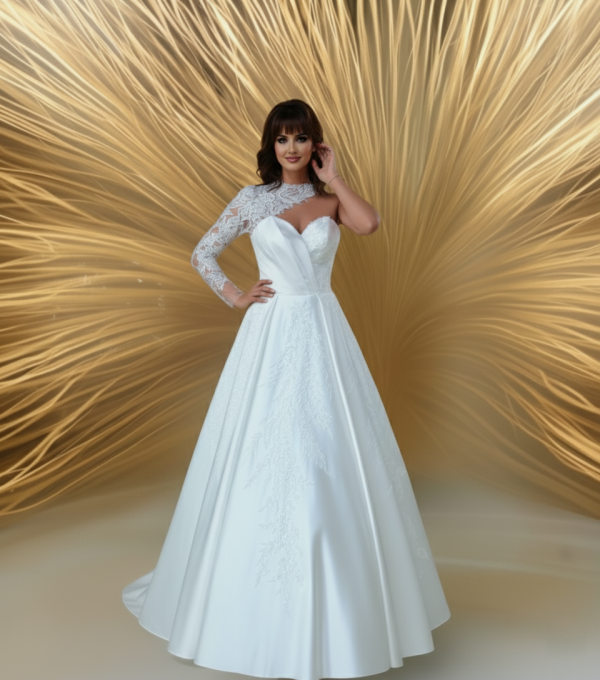 2 részes csipke nyakú félvállas szatén menyasszonyi ruha