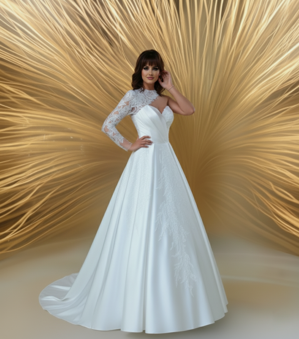 2 részes csipke nyakú félvállas szatén menyasszonyi ruha