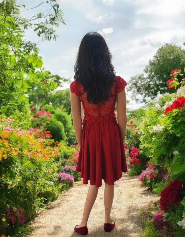 Zárt elegáns csipke felsős bordó menyecske ruha